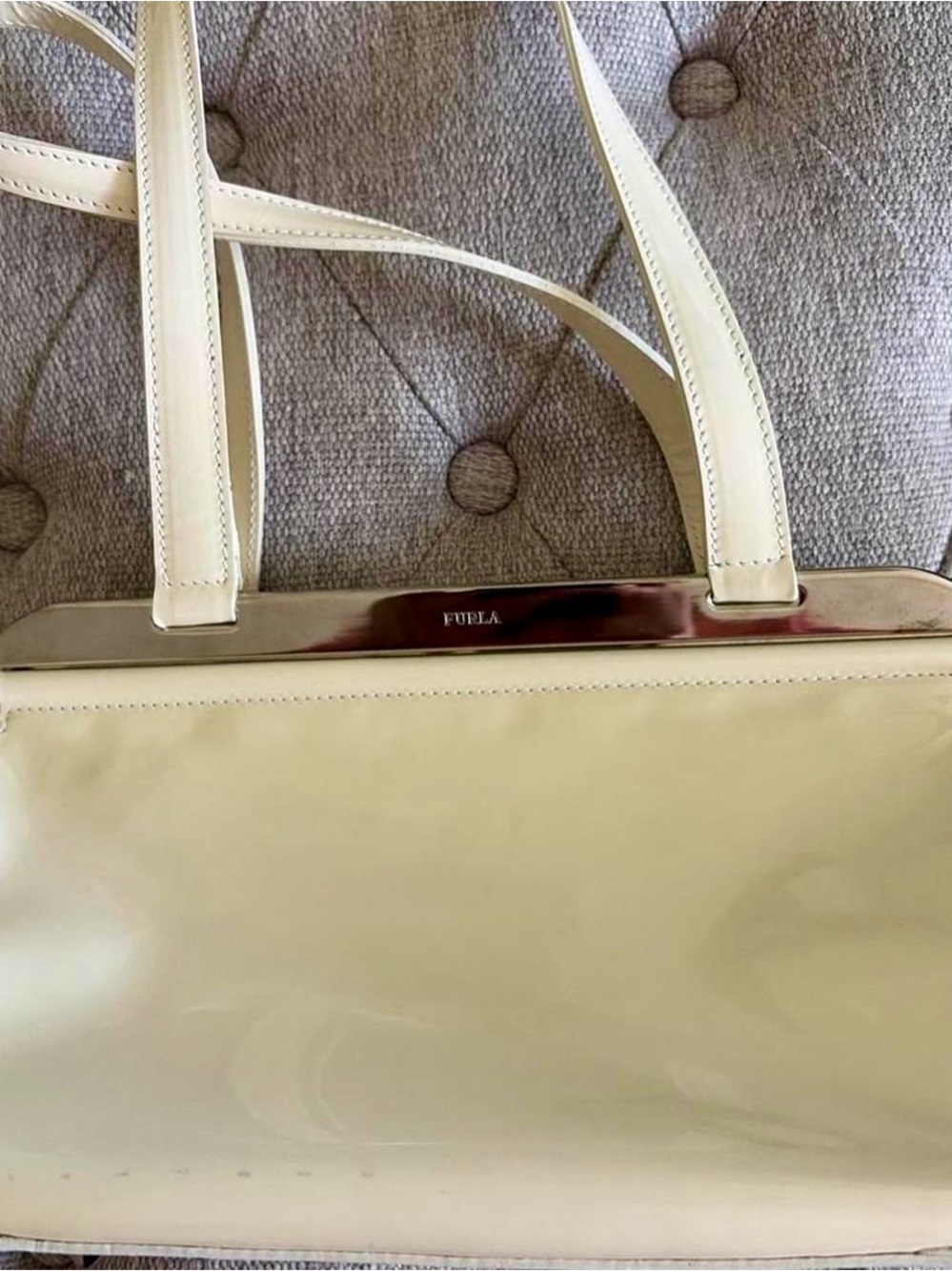 FURLA pale yellow  Patent leather Shoulder Tote with Gold Accent. GORGEOUS!
